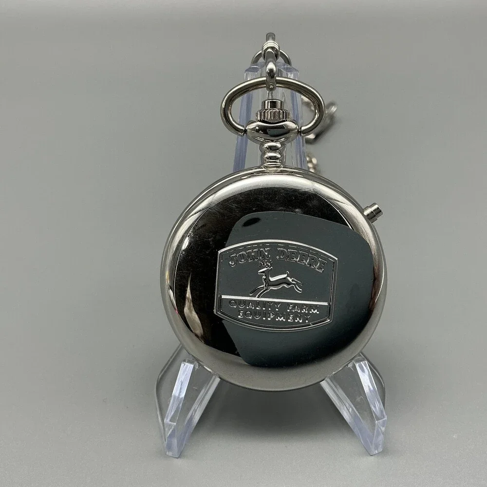 John Deere Pocket Watch Men 45mm Silver Tone Tractor Dial Chain New Battery